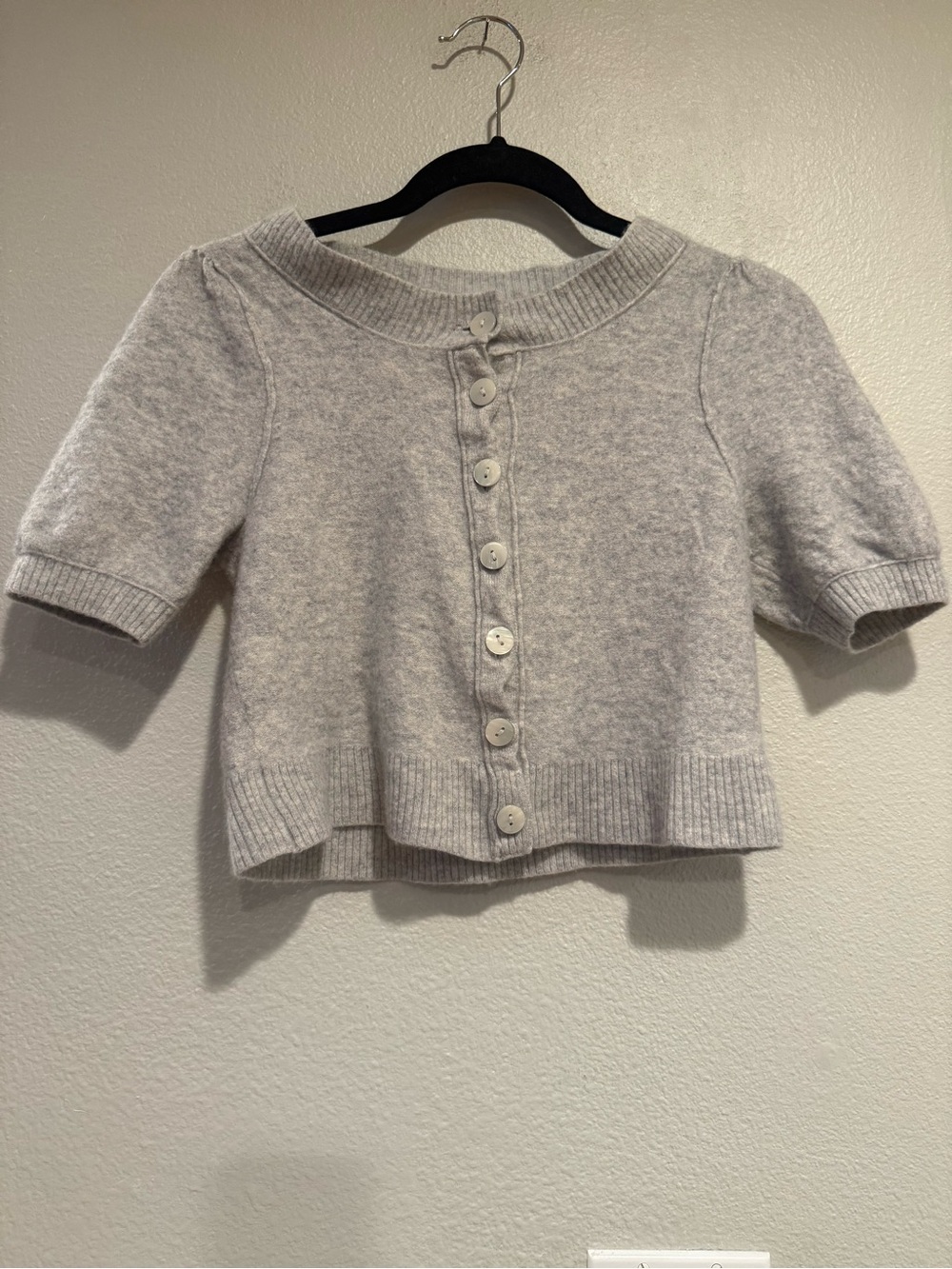 Free People Light Gray Short-Sleeve Cropped Button-Front Cardigan Sweater